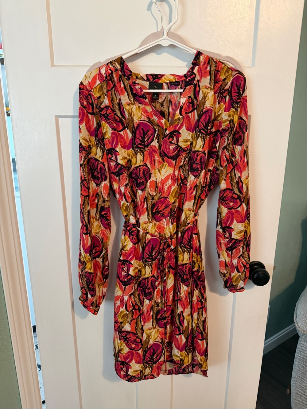 Worthington Pink and Yellow Floral Long-Sleeve Tie-Waist Dress